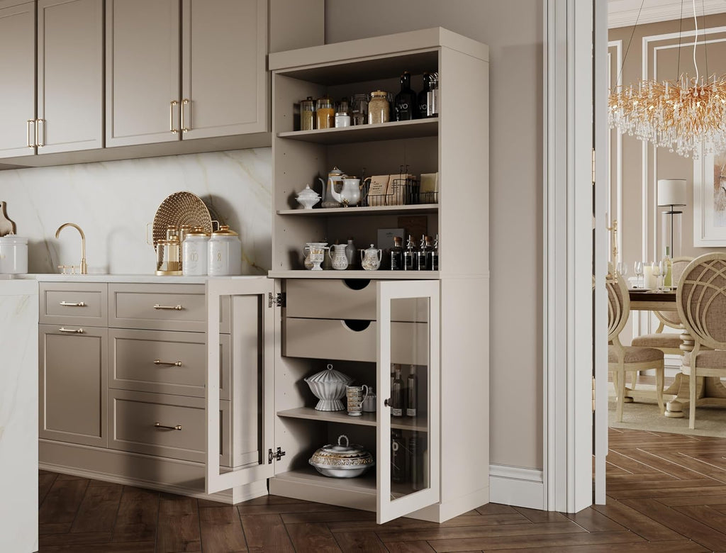 Palace Imports 100% Solid Wood 32"" Pantry Cabinet with Clear Glass Doors, 2-Drawers and Adjustable Shelves