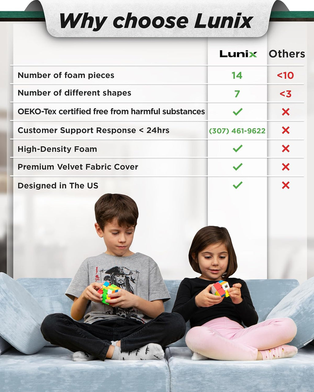Lunix LX15 Modular Kids Couch 14pcs – Blue + Replacement Yellow Cover – Convertible Play Sofa for Toddlers & Kids – Washable, Soft Foam for Climbing, Building & Resting – Bundle and Save 10%