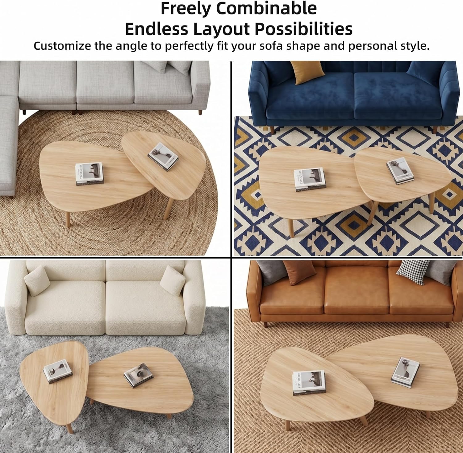 Nesting Coffee Table Set of 2-Mid Century Modern Wooden Coffee Table,Guitar Pick Stacking Tables with Solid Wood Legs,Small Coffee Tables for Small Spaces,Living Room,Balcony (Natural)