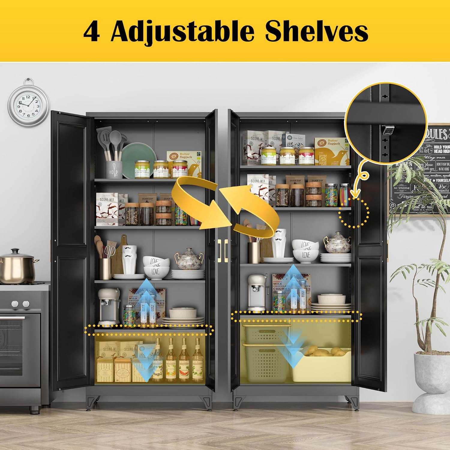 SteeLoong Kitchen Pantry Cabinet,75”Black Metal Storage Cabinets with Doors and 4 Adjustable Shelves,Kitchen Cabinet with 2 Gold Handles,Tall Cabinet for Livingroom, Bathroom