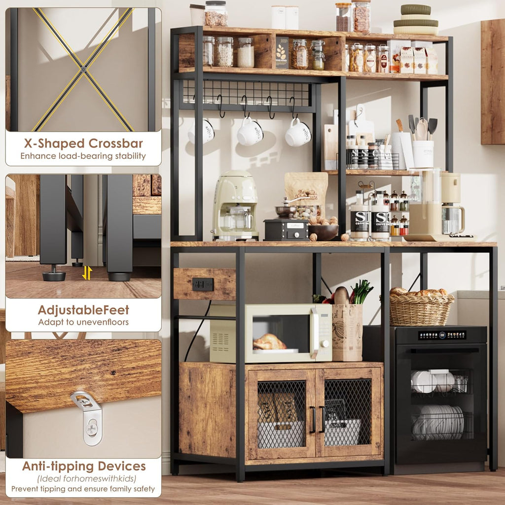 Garvee Microwave Stand with Fridge Stand, Industrial Kitchen Shelf with Power Outlet, Freestanding Kitchen Storage for Pantry Living Room, 47.2 x 19.7 x 68.1 Inches, Rustic Brown