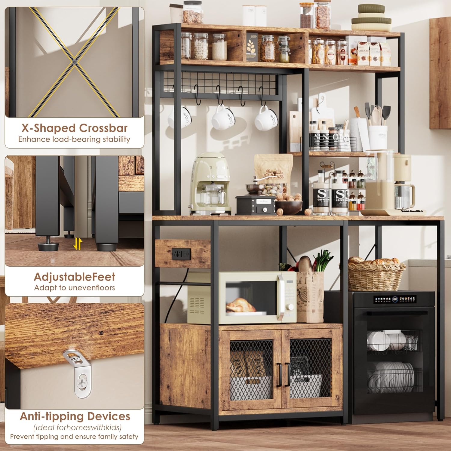 Garvee Microwave Stand with Fridge Stand, Industrial Kitchen Shelf with Power Outlet, Freestanding Kitchen Storage for Pantry Living Room, 47.2 x 19.7 x 68.1 Inches, Rustic Brown