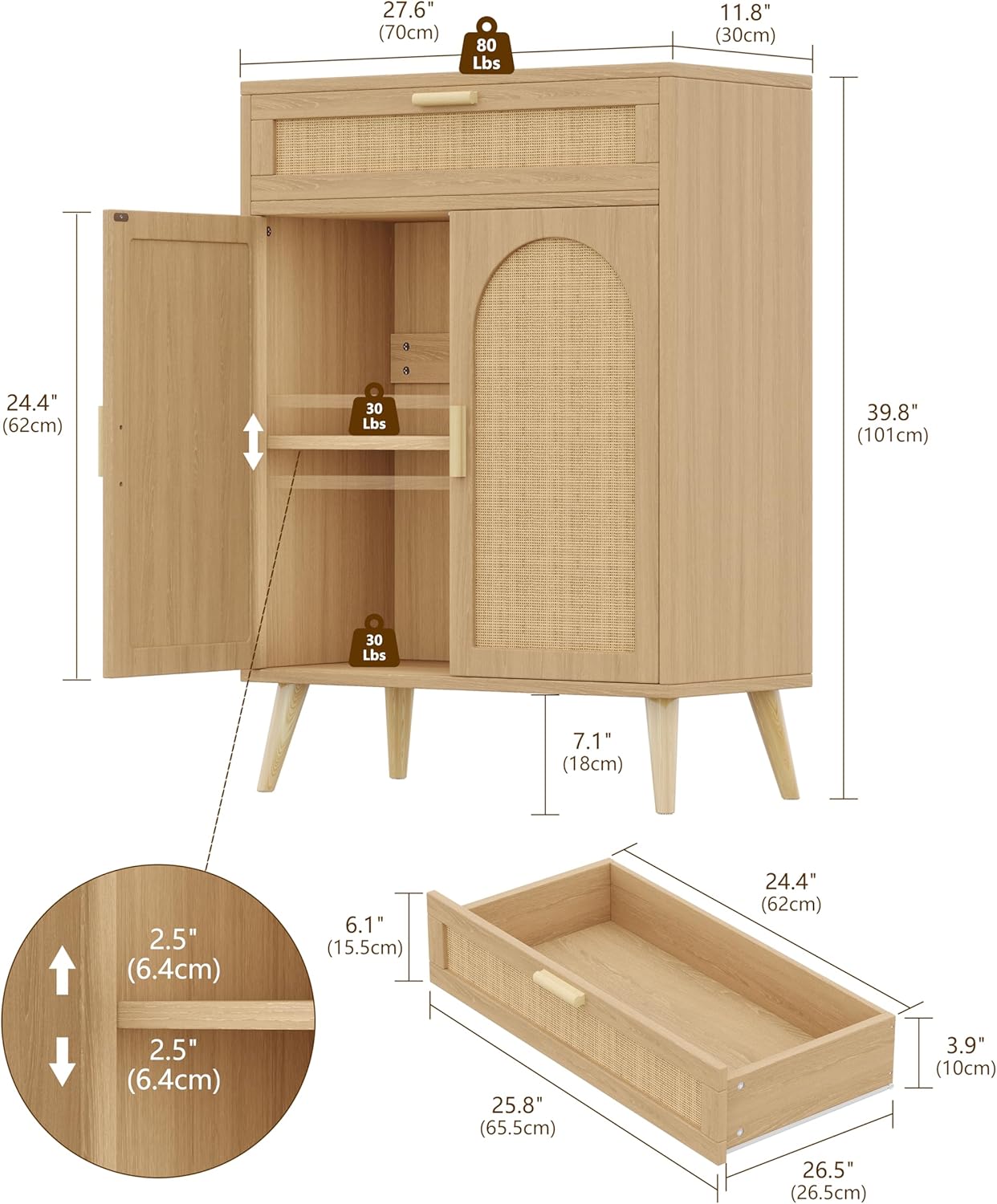 Rattan Sideboard Buffet Cabinet with Storage, Boho Sideboard with Drawer & Adjustable Shelf, Kitchen Floor Cabinet with 2 Doors & Solid Wood Feet, Coffee Bar for Entryway, Living Room, Natural Oak