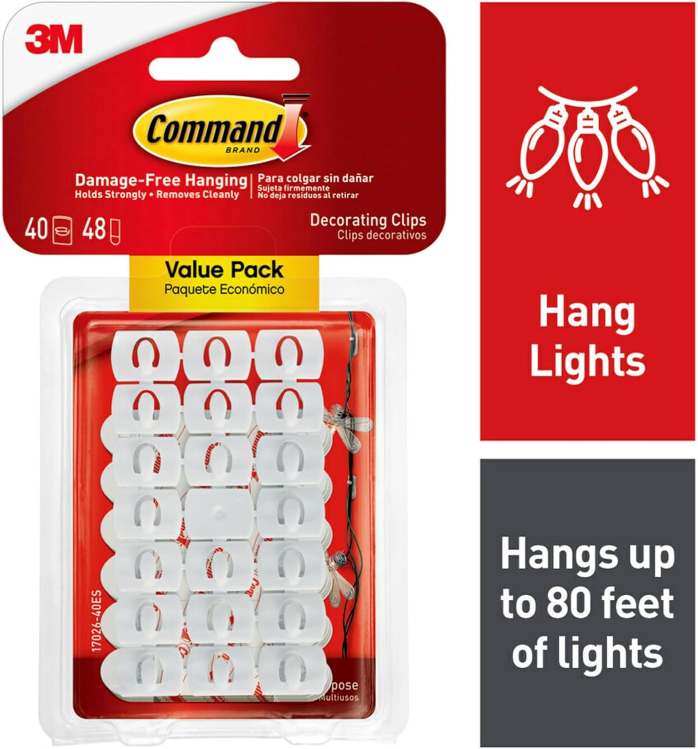 Command Decorating Clips, 40 Clips and 48 Strips, Damage-Free Hanging Light Clips with Adhesive Strips, No Tools Small Wall Clip for Hanging Lights and Cables (Pack of 2)
