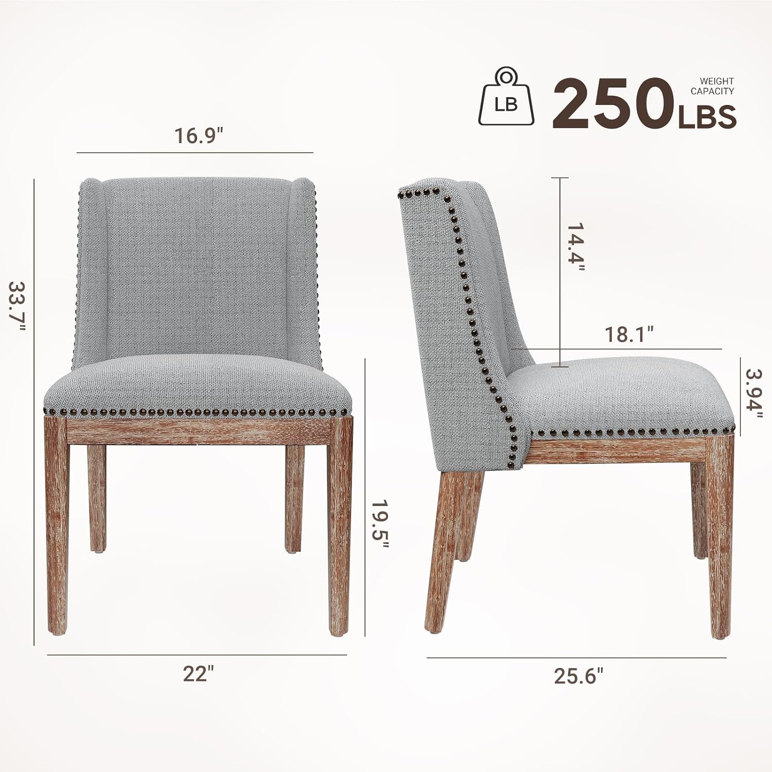 MALOL Dining Chair Set of 2, Fabric Upholstered Kitchen Side Chairs with Wooden Legs for Kitchen & Restaurant Use, LightGrey