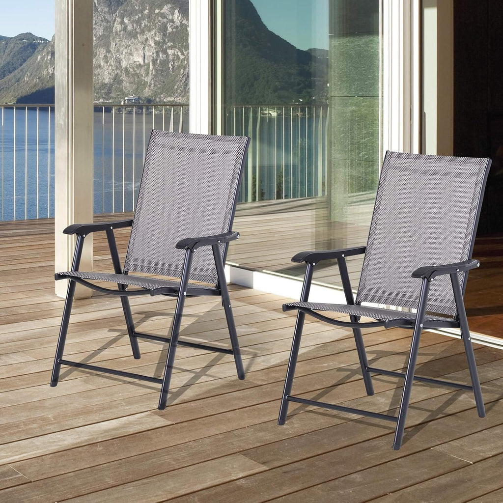 Set of 2 Patio Folding Chairs, Stackable Outdoor Sling Patio Dining Chairs with Armrests for Lawn, Camping, Dining, Beach, Metal Frame, No Assembly, Gray