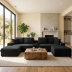 125" Oversized Sectional Couches for Living Room, Modern Boneless Cloud Couch with Ottoman,USB Port&Cup Holders, Comfy Corduroy Modular Sectional U Shape Sofa Couch for Apartment,Black Couch in a Box