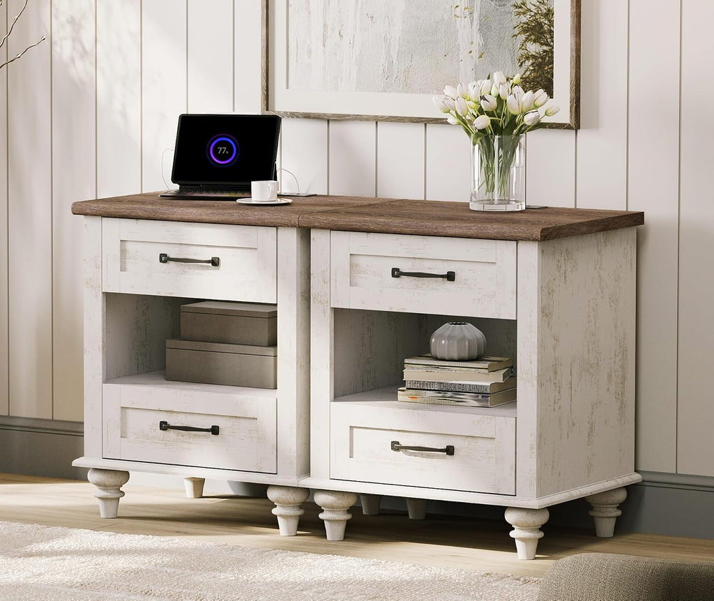 WAMPAT Set of 2 End Tables Nightstands with Charging Station, Sofa Side Tables for Living Room with Drawers & Shelf, Farmhouse Night Stand Wooden Bedside Table for Bedroom, Antique White