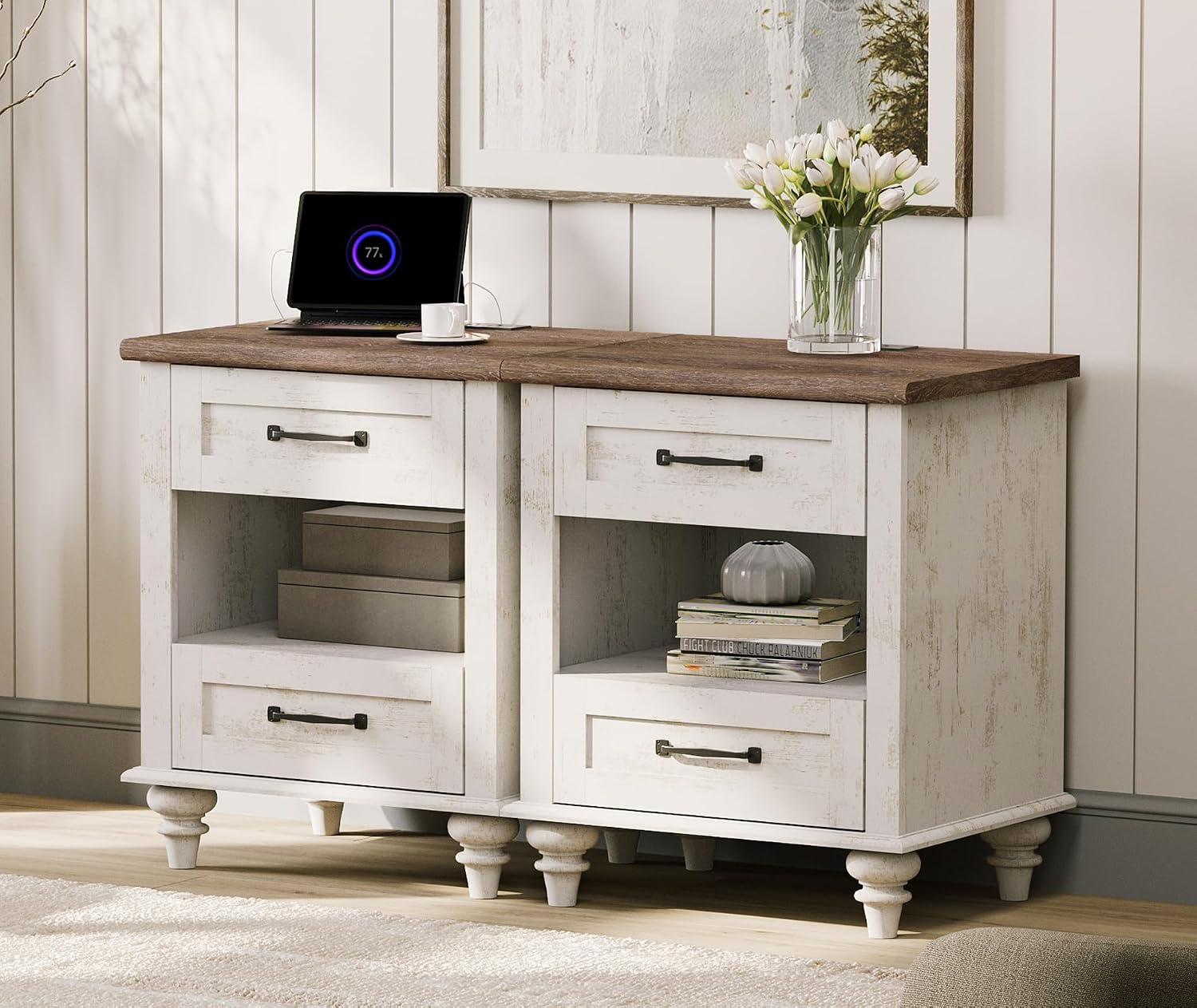 WAMPAT Set of 2 End Tables Nightstands with Charging Station, Sofa Side Tables for Living Room with Drawers & Shelf, Farmhouse Night Stand Wooden Bedside Table for Bedroom, Antique White