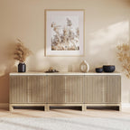 BELLEZE Set of 3 Anton Sideboard Buffet Cabinet - Travertine Greige | 94.5 Inches,Fluted Reeded Door,Travertine-Look Top,Adjustable Shlef,Living Room Dining Room Entryway