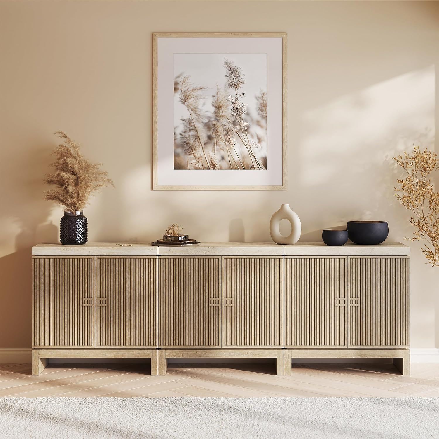 BELLEZE Set of 3 Anton Sideboard Buffet Cabinet - Travertine Greige | 94.5 Inches,Fluted Reeded Door,Travertine-Look Top,Adjustable Shlef,Living Room Dining Room Entryway