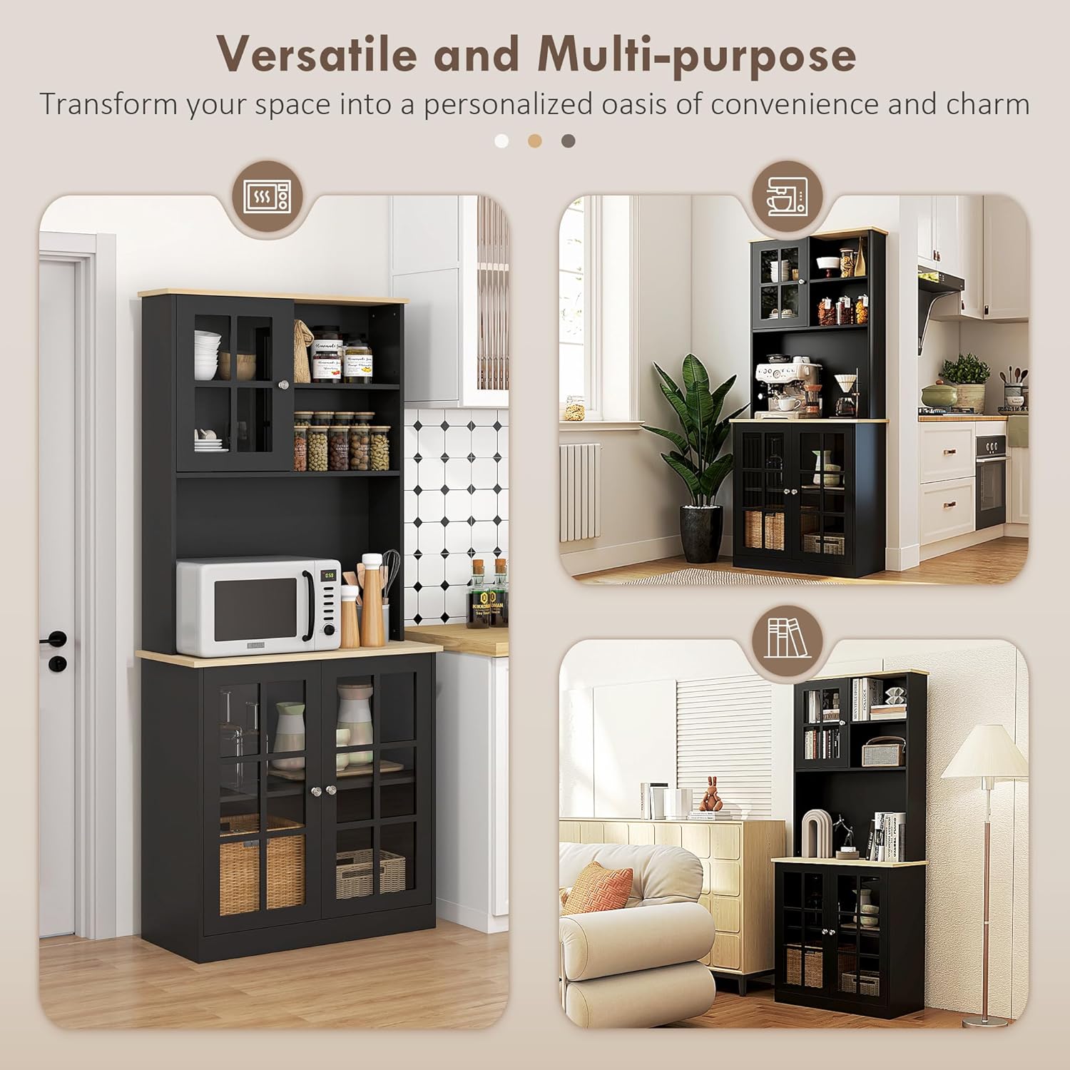 HOMCOM Kitchen Pantry Storage Cabinet, 72" Freestanding Cabinet with Hutch, Large Countertop, Glass Doors and Adjustable Shelves for Dining Room, Black