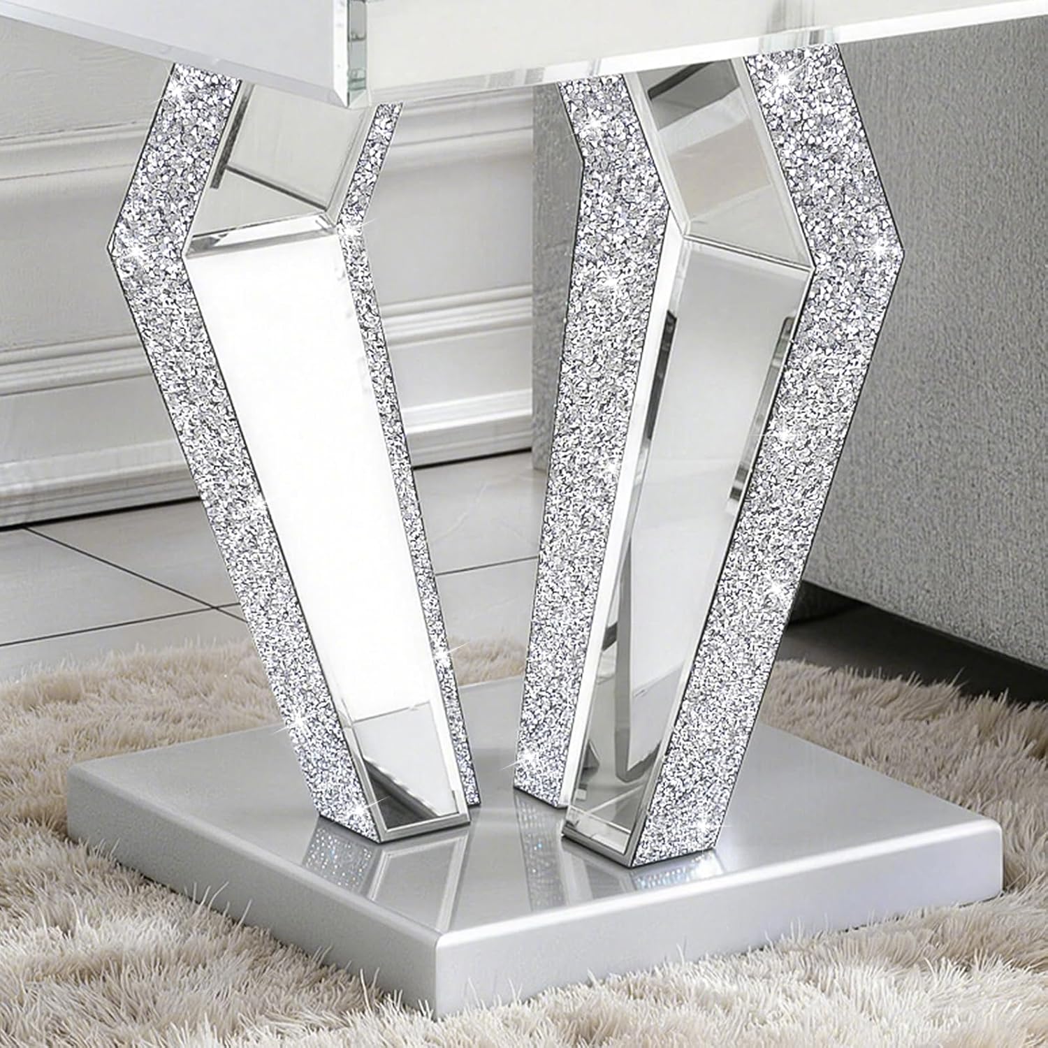 Silver Mirrored End Table with Crystal Inlay, Modern Side Table Accent Table, Square Small Coffee Table for Living Room, Bedroom 23" D x 23" W x 24" H