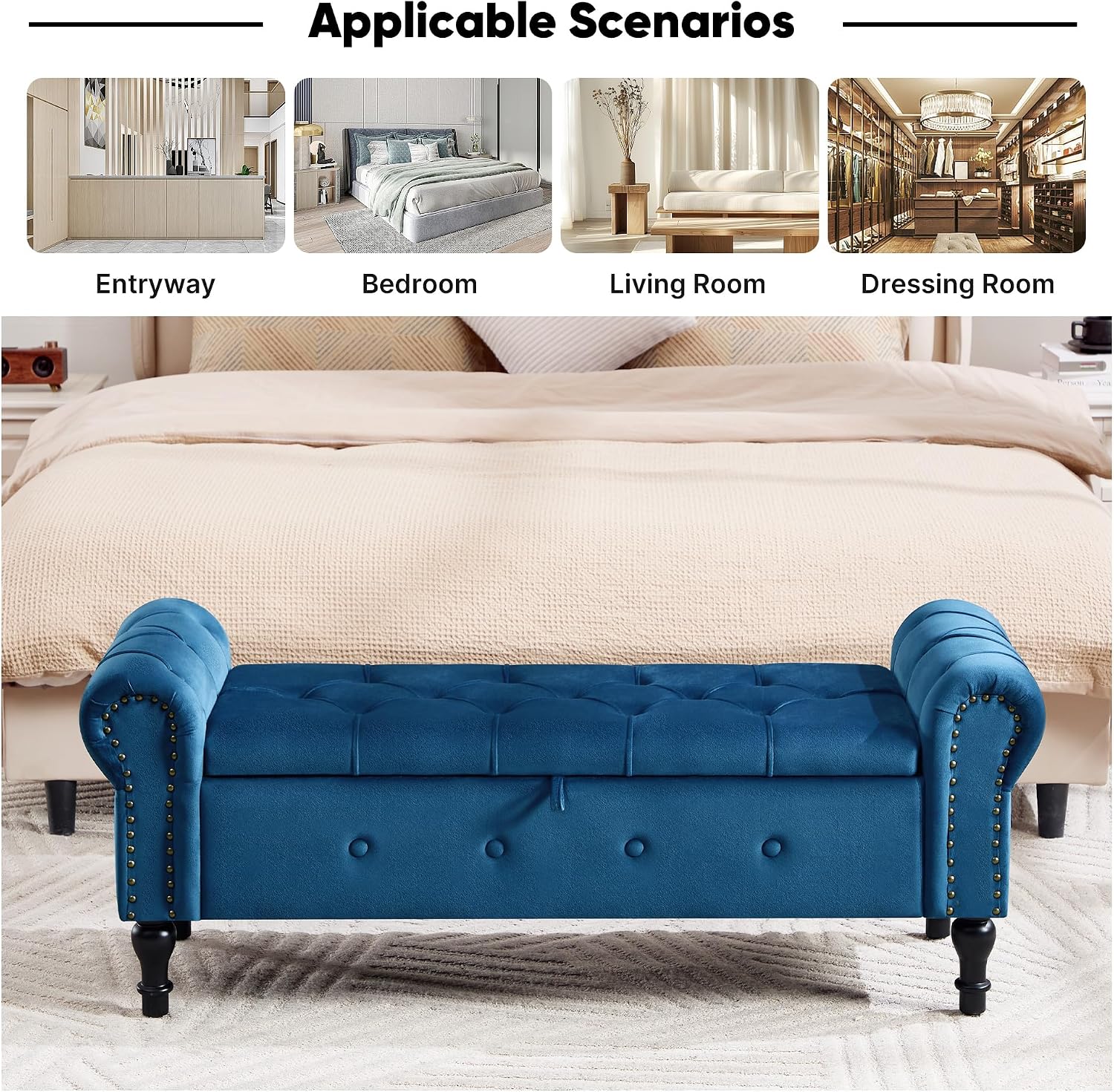 Storage Bench for Bedroom, Velvet 51" End of Bed Bench, Queen Size Bench with Rolled Arms, Tufted Storage Ottoman Benches, Upholstered Bench for Bedroom, Living Room, Entryway, Navy Blue