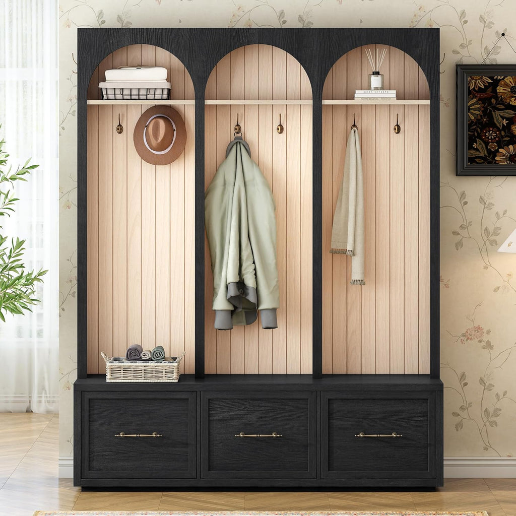 Merax Farmhouse Wood Hall Tree with 8 Hooks and Storage Shoe Bench, Arched Mudroom Versatile Coat Racks with 3 Drawers, Entrance Organizer for Hallway Black