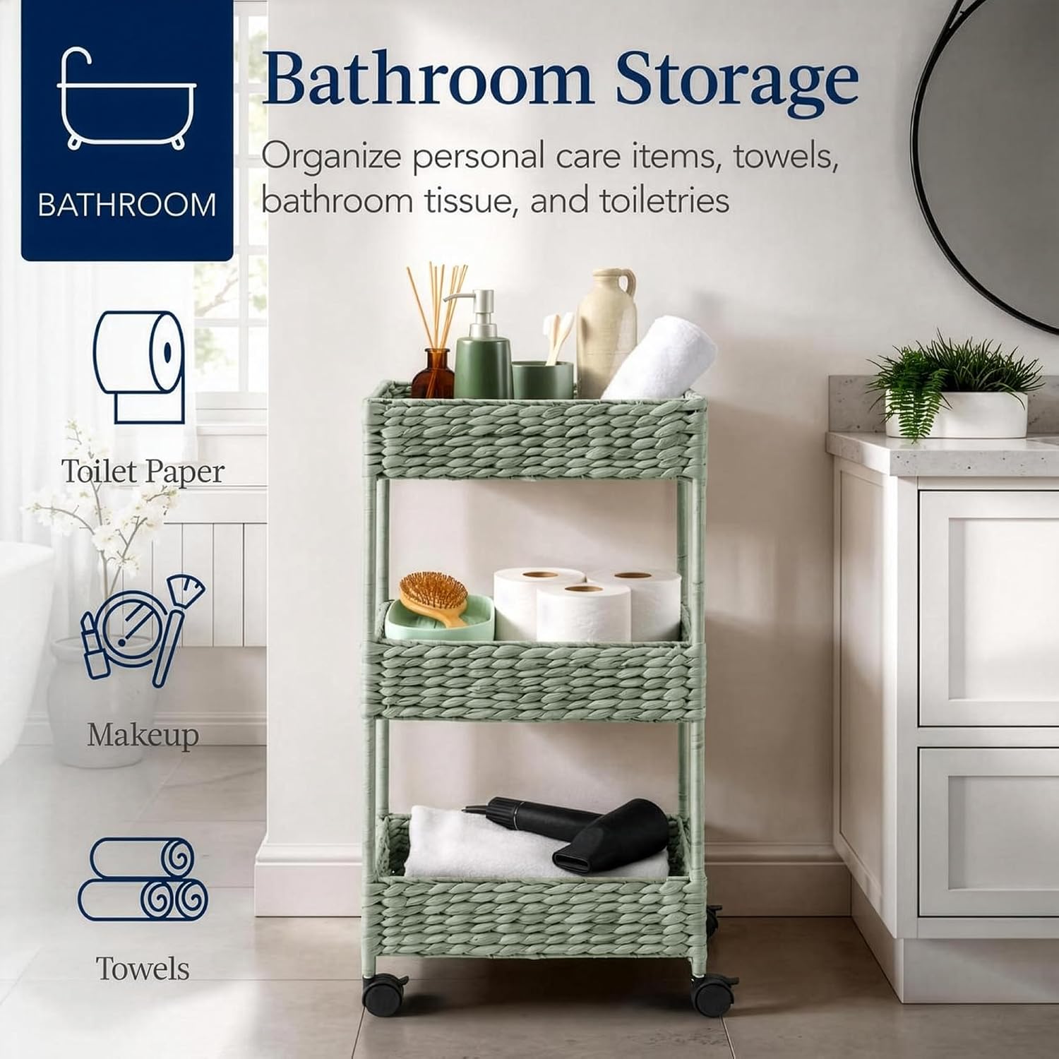 Best Choice Products 3-Tier Water Hyacinth Rolling Nursery Caddy w/Wheels, Utility Cart, Storage Organization for Bathroom, Craft Room, Laundry Room - Sage