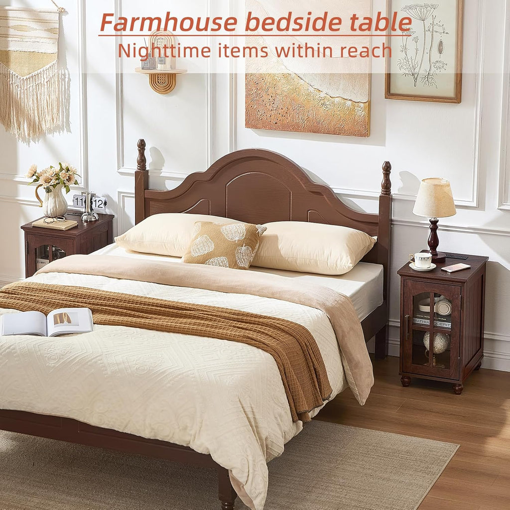 RWYHG End Table Set 2 with Charger, 18'' Nightstand and 24" Side Tables | Glass Barn Door Storage, Solid Wood Legs Farmhouse Style Bedside Table for Living Room,Bedroom Consistent style