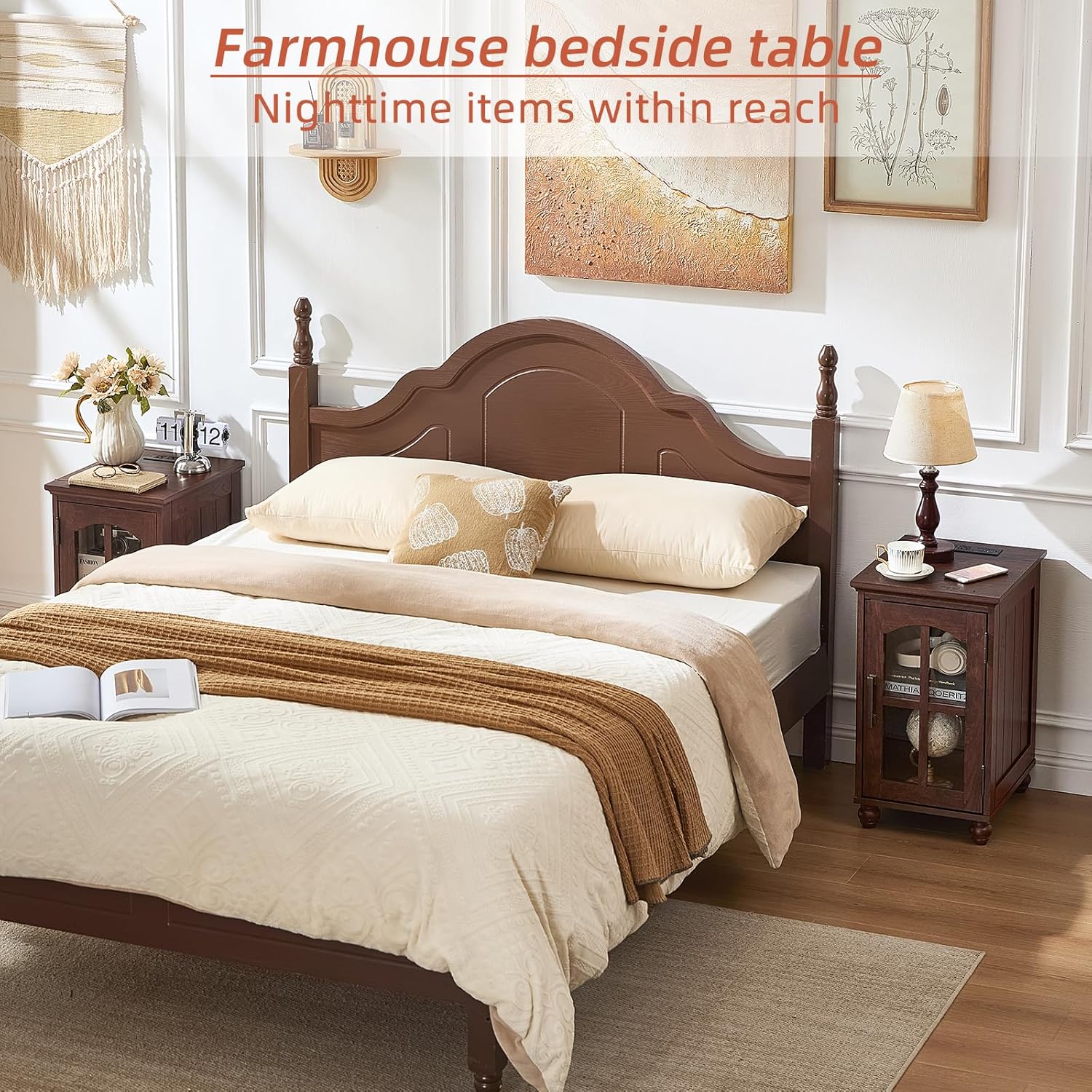 RWYHG End Table Set 2 with Charger, 18'' Nightstand and 24" Side Tables | Glass Barn Door Storage, Solid Wood Legs Farmhouse Style Bedside Table for Living Room,Bedroom Consistent style