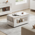 Coffee Table with Storage, 39" High Gloss Small Center Table with Transparent Legs and Sides Storage, Modern 2-Tier Coffee Tables for Living Room, Home Office, Apartment, White
