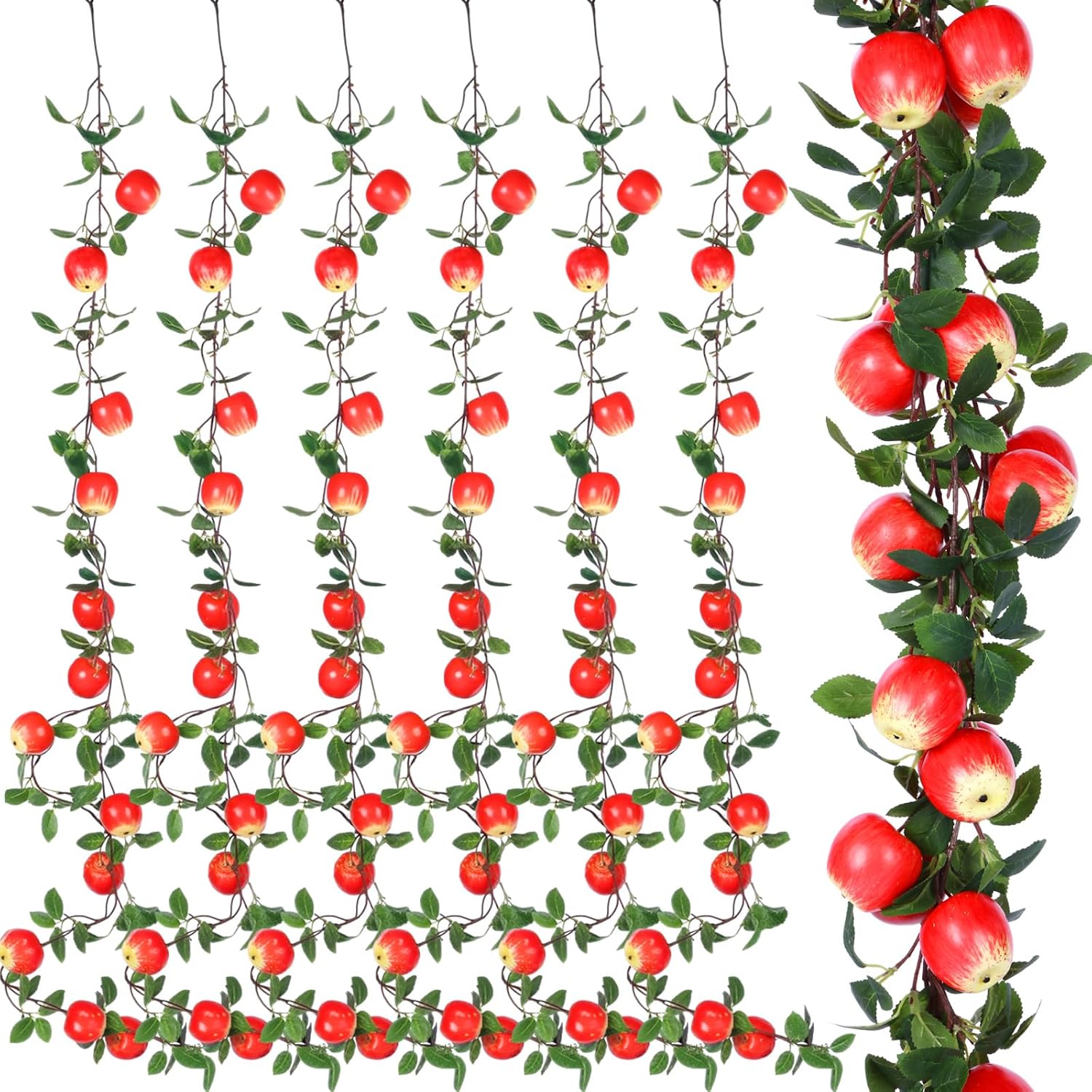 Suncalla 6 Pcs Artificial Apple Garland 57inch Fake Apples Bunch Strings with Stem and Leaves Fruit Hanging Vines Decorations for Kitchen Table Centerpieces Wall Party Birthday