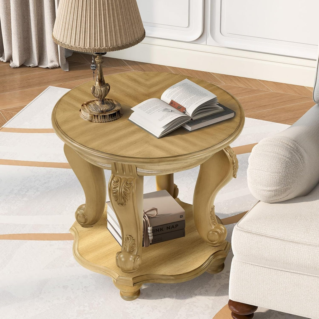 KEIKI Solid Rubber Wood Round Side End Table with Storage Shelf, Traditional Vintage Couch Sofa Bedside Table Night Stand for Living Room Bedroom, Espresso