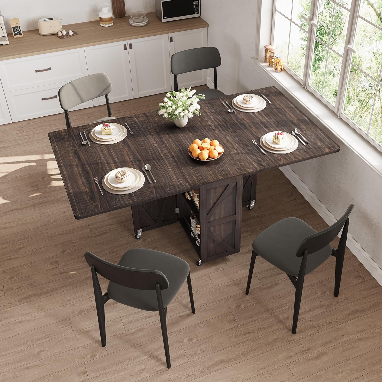 Jocoevol Folding Dining Table for Small Spaces, Space Saving Foldable Kitchen Table with Drawer & 2-Tier Storage Shelf, Rolling Expandable Dining Table with Wheels, Farmhouse, Dark Walnut