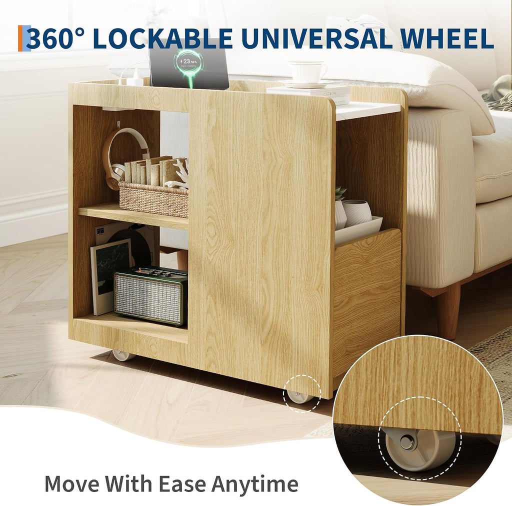 End Table with Charging Station, Mobile Side Table with Drawer, 3-Level Adjustable Shelf, 2 AC Outlets, Lockable Wheels, Nightstand for Living Room, Bed Room, Kitchen
