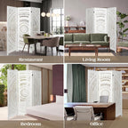 3 Panel White Room Divider, 67 Inch Wood Carved Privacy Screen, Bohemian Style Folding Room Divider, Portable Partition Wall Divider for Room Separation (White)
