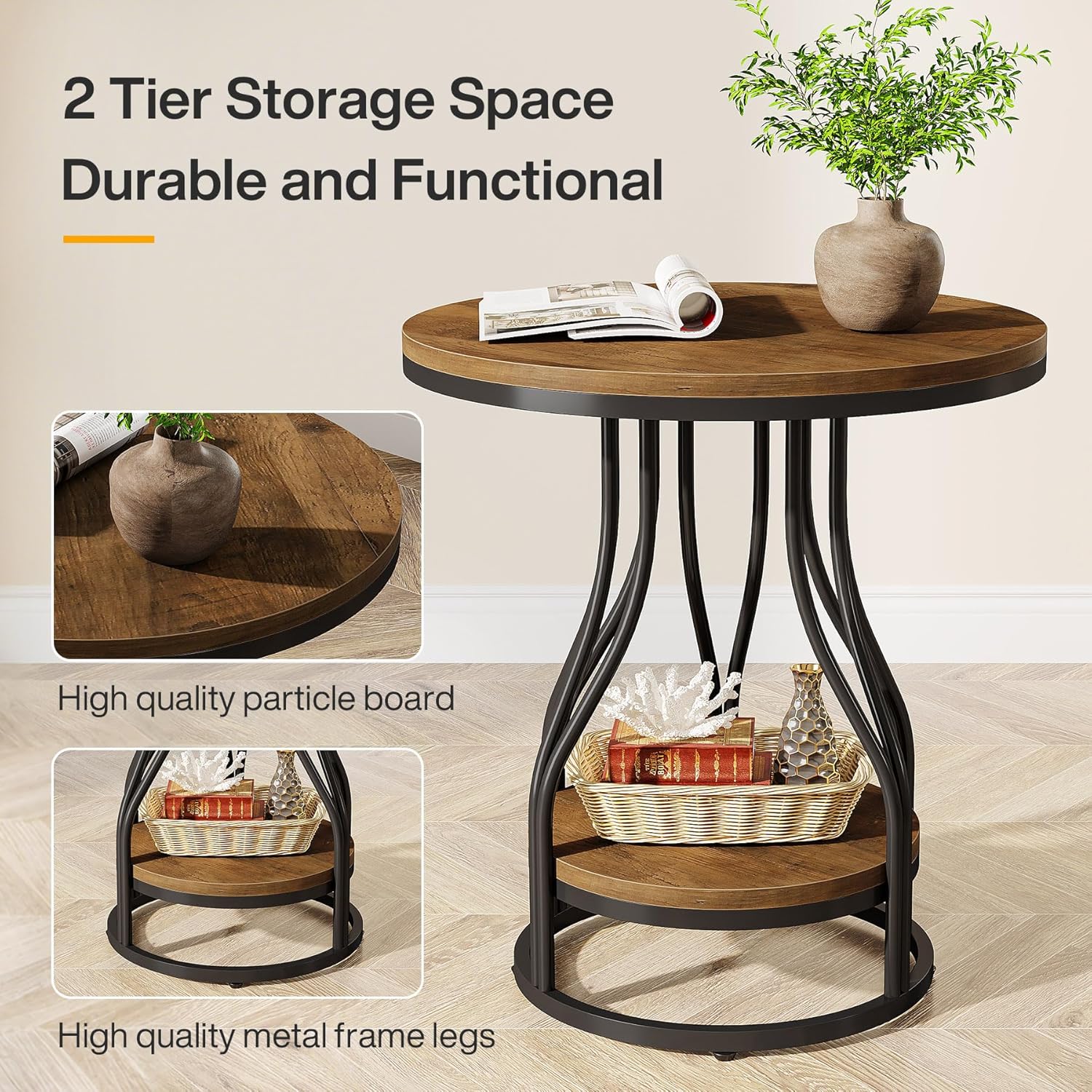 Tribesigns Round Side End Table 2-Tier End Tables Modern Bedside Table Small Chirside Tables with Storage for Couch Side, Nightstand with Metal Frame for Living Room (1, Brown+Black)
