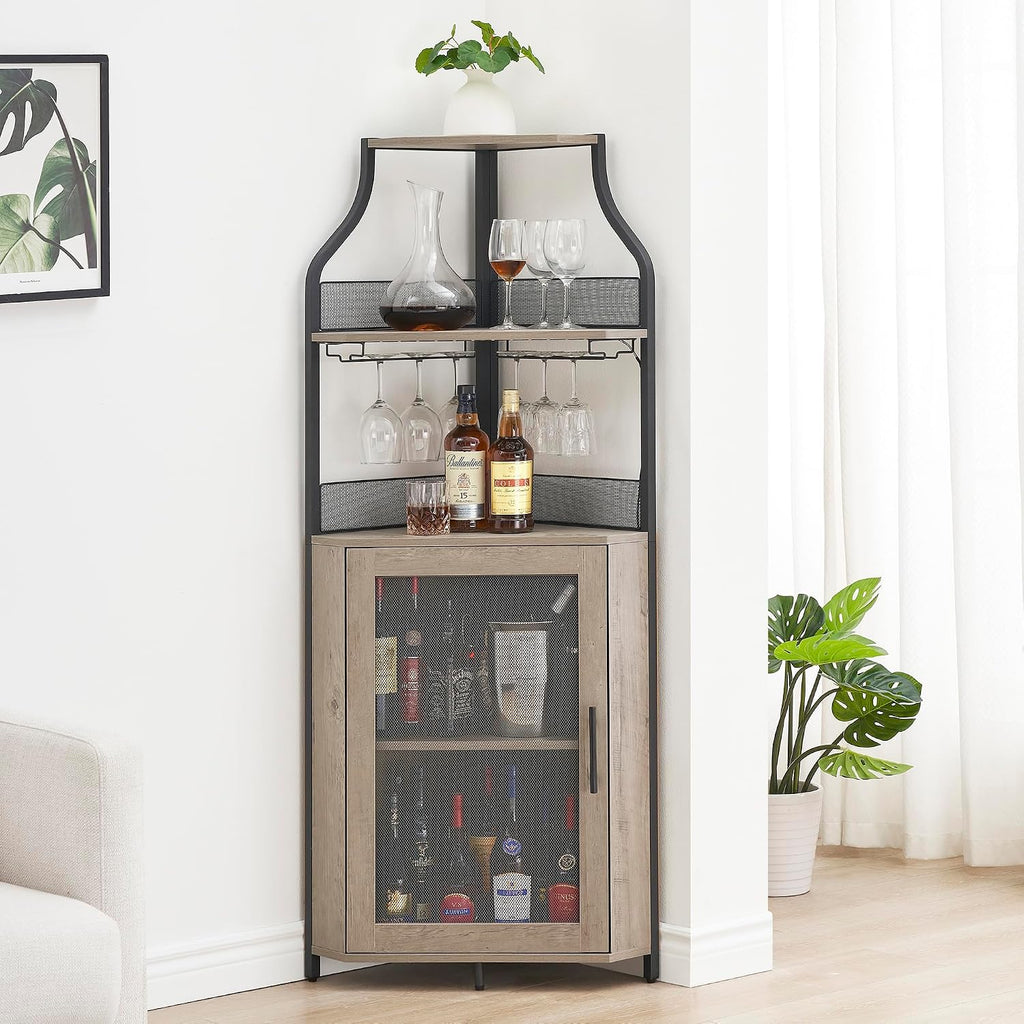 IDEALHOUSE 61'' Tall Corner Wine Bar Cabinet with Adjustable Shelves, 5-Tier Industrial Bar Cabinet with Glass Holder, Home Bar with Mesh Door for Liquor and Glasses, Grey