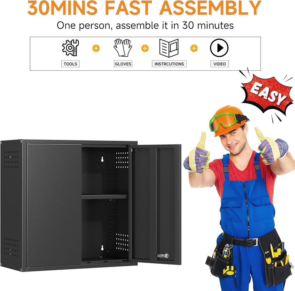 Metal Garage Wall Cabinet with 2 Doors and 1 Adjustable Shelf,Lockable Floating Tool Cabinet with Pegboard,Black Steel Storage Cabinet for Kitchen,Office,Garage,Laundry,Warehouse(Black, 26" H)