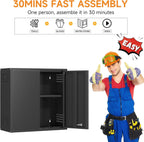 Metal Garage Wall Cabinet with 2 Doors and 1 Adjustable Shelf,Lockable Floating Tool Cabinet with Pegboard,Black Steel Storage Cabinet for Kitchen,Office,Garage,Laundry,Warehouse(Black, 26" H)