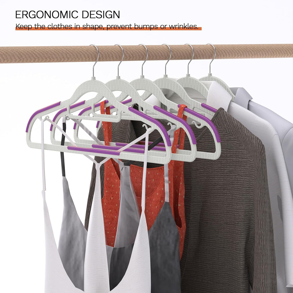 60 Pack Heavy Duty Plastic Hangers, Non Slip Clothes Hangers with Rubber Pads and 360° Hook - Thin Space Saving Hanger, Closet Organizer for Shirt, Pants, Suit, Skirt,Coat - Purple