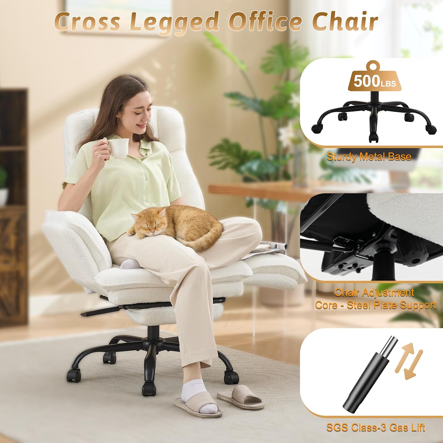 Office Chair,Big and Tall Heavy-Duty Executive Reclining Computer Gaming Chair with Footrest,Flip Armrests,Lumbar Pillow&Thicken Wider Seat for Criss Cross Legged Desk Vanity Chair,Teddy Fabric White