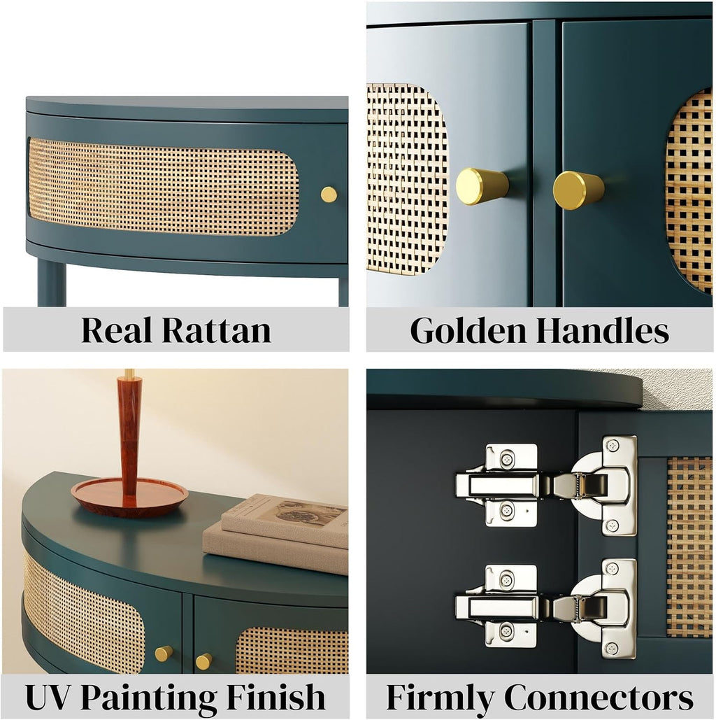 Unique Half Moon Console Table with Rattan Doors, 31.5" Rattan End Table with 2 Drawers & Storage Shelf, Antique Green Half Moon Entry Tables for Living Room, Entryway, Bedroom