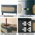Unique Half Moon Console Table with Rattan Doors, 31.5" Rattan End Table with 2 Drawers & Storage Shelf, Antique Green Half Moon Entry Tables for Living Room, Entryway, Bedroom