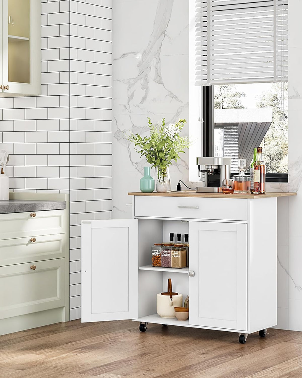 CHOEZON Kitchen Island, Kitchen Island Cart with One Double Cabinet and Drawer, Rolling Storage Cart with Power Strip, with Drop Leaf, for Kitchen, Living Room, White and Natural MZD01UWNN1