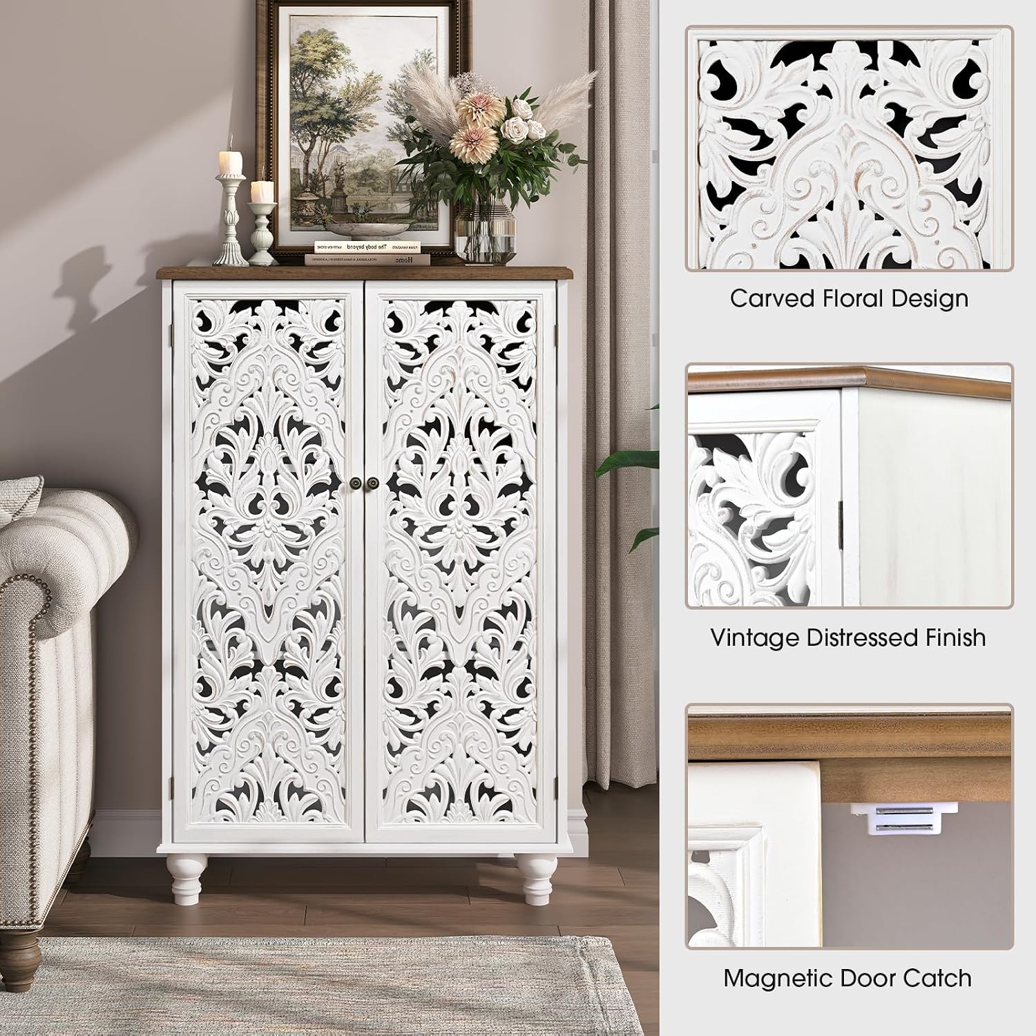 Accent Cabinet with Doors, 47" Tall Buffet Cabinet with Solid Wood Legs, Freestanding Sideboard for Living Room, Entryway, Dining Room, Bedroom, White