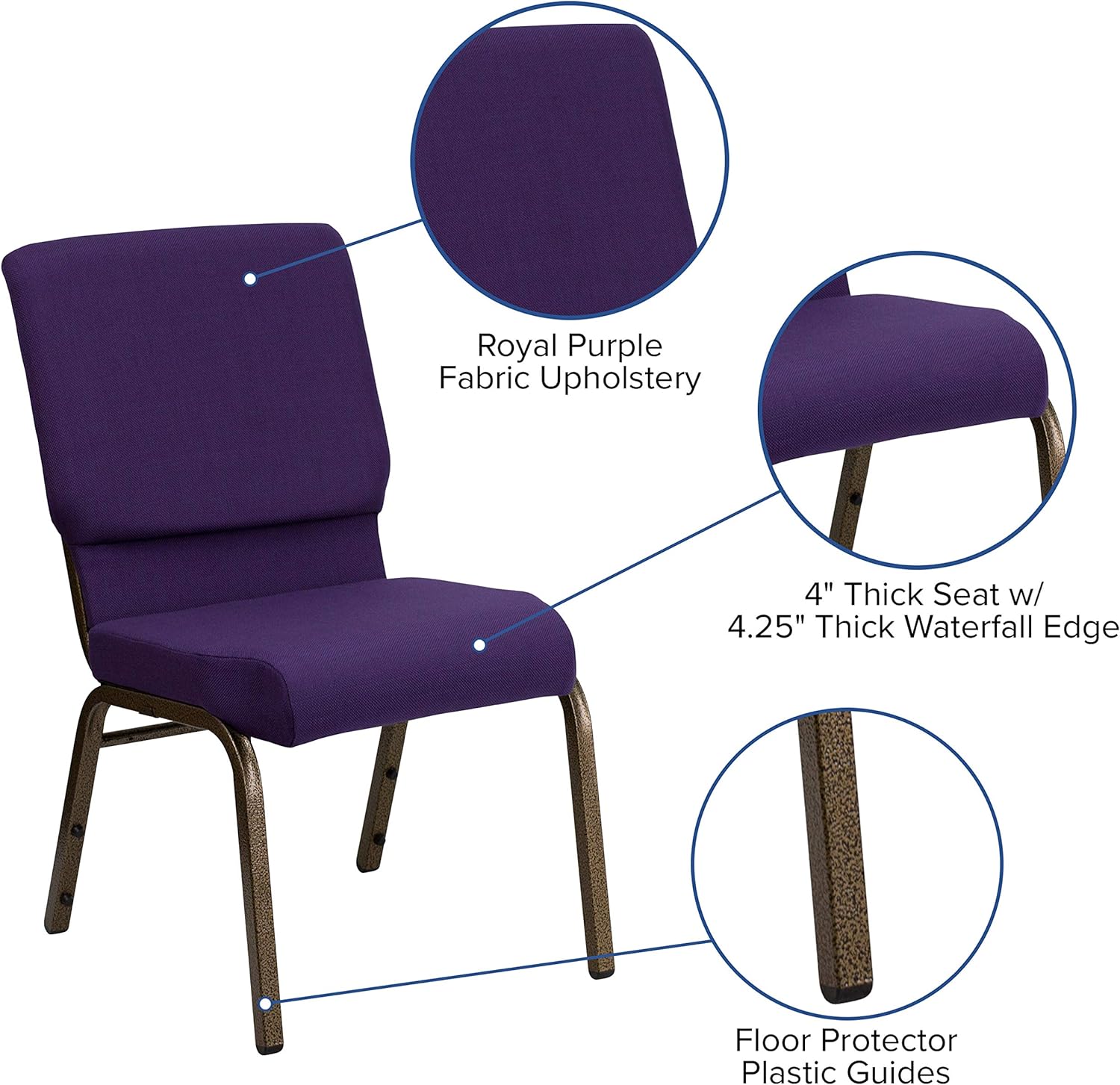EMMA + OLIVER 18.5" W Stack Church Chair, Royal Purple Fabric/Gold Vein Frame