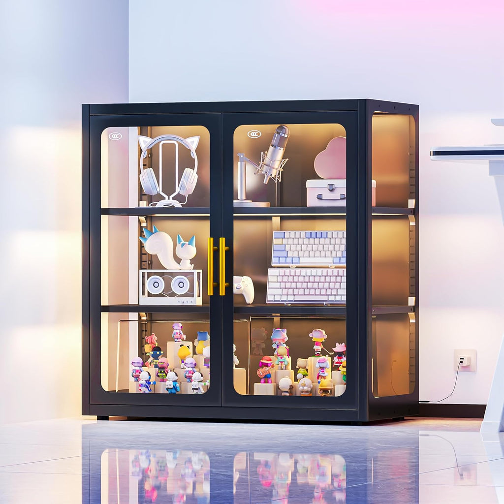 34" Display Cabinet with Glass Doors, 4-Tier Curio Cabinet with Many Color Lights for Collectibles, Glass Display Case, Bookcase with 4 Shelves, Storage Cabinets, Black