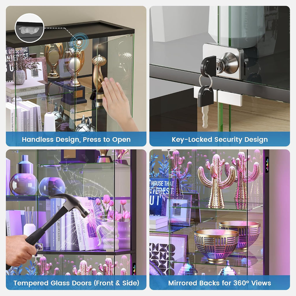 Glass Display Cabinet with RGB Lights,10-Tiers Curio Dispaly Cabinet with Human Body Sensor, Frameless Tall China Cabinets for Collectibles, Locking Showcase Cabinets with Shelf for Living Room