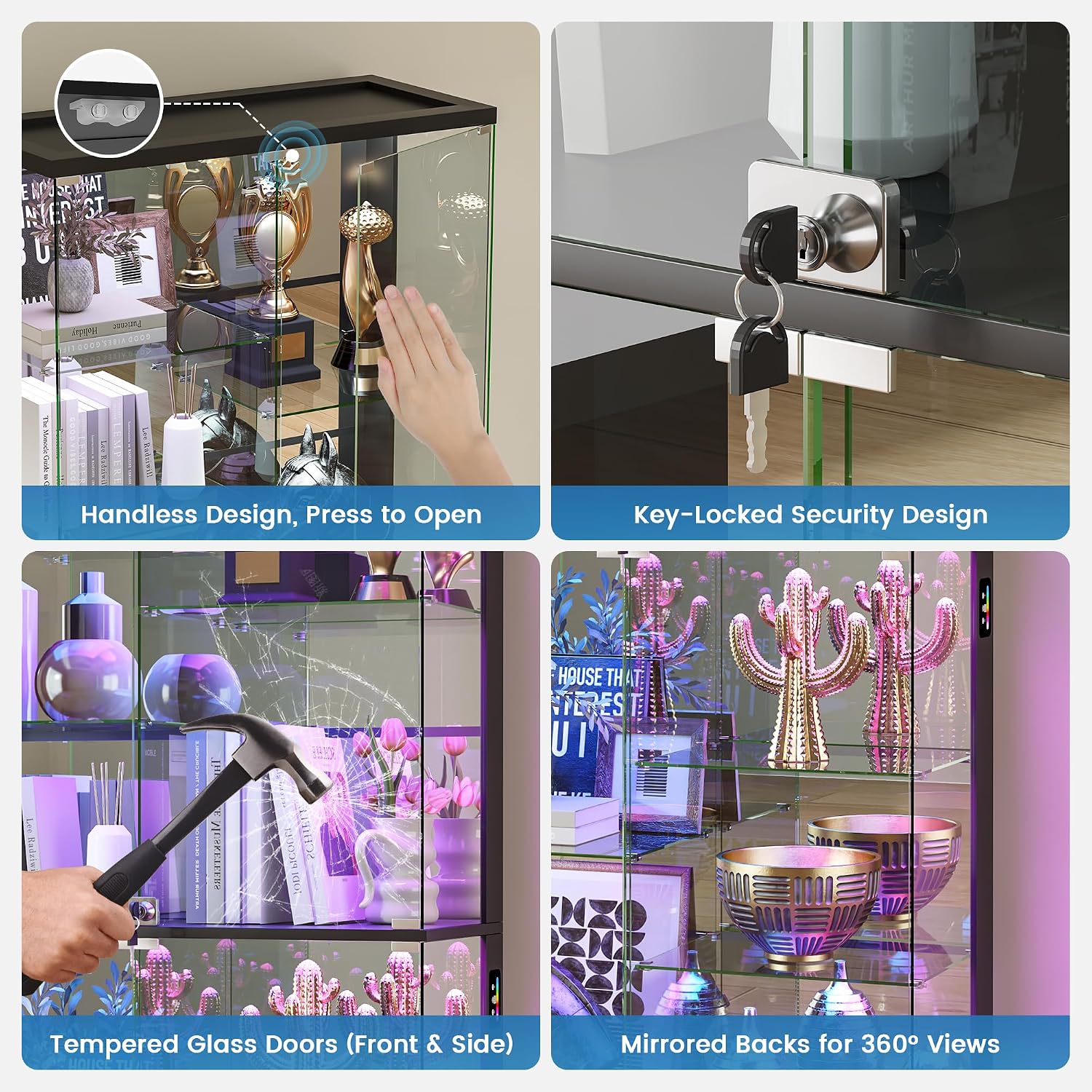 Glass Display Cabinet with RGB Lights,10-Tiers Curio Dispaly Cabinet with Human Body Sensor, Frameless Tall China Cabinets for Collectibles, Locking Showcase Cabinets with Shelf for Living Room