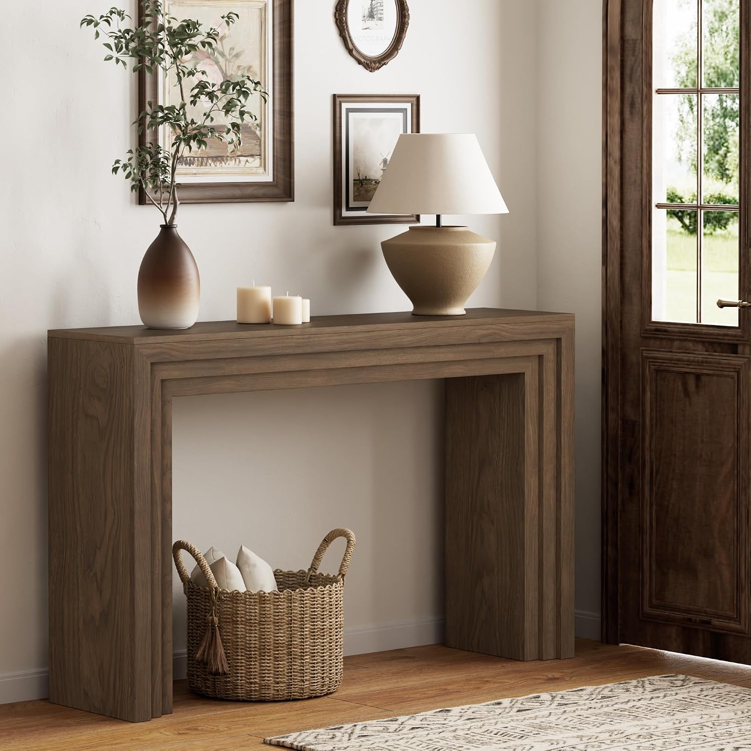 Lulive Console Table for Entryway, 43 Inch Step Design Sofa Table | 11.8"D step console supports up to 110 lb, with anti-tip kit and labeled parts for about 40-minute assembly.