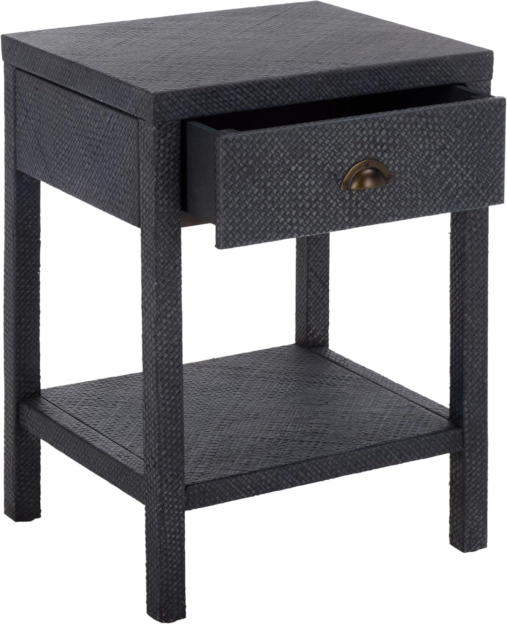 SAFAVIEH Home Collection – Epke Navy 1-Drawer 1-Shelf Accent Table, Woven Raffia Design, Fully Assembled (ACC6616C)