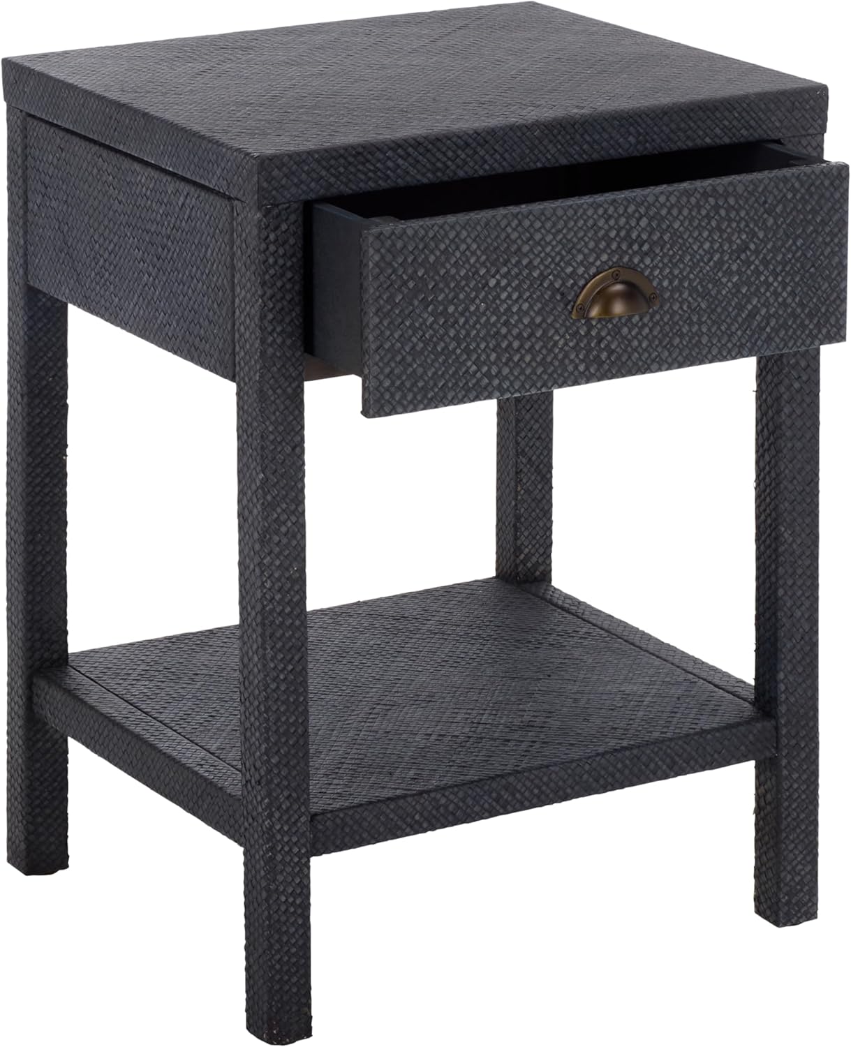 SAFAVIEH Home Collection – Epke Navy 1-Drawer 1-Shelf Accent Table, Woven Raffia Design, Fully Assembled (ACC6616C)