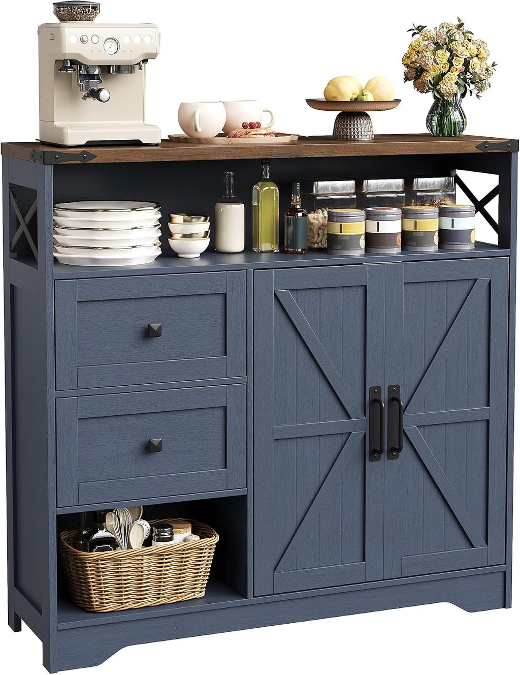 Vabches Farmhouse Buffet Sideboard Cabinet with 2 Drawers and Open Shelf, 27.5" Storage Cabinet with Adjustable Shelves and Door, Coffee Bar Hutch Pantry for Kitchen, Living Room, Blue (38.5" L)