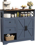 Vabches Farmhouse Buffet Sideboard Cabinet with 2 Drawers and Open Shelf, 27.5" Storage Cabinet with Adjustable Shelves and Door, Coffee Bar Hutch Pantry for Kitchen, Living Room, Blue (38.5" L)