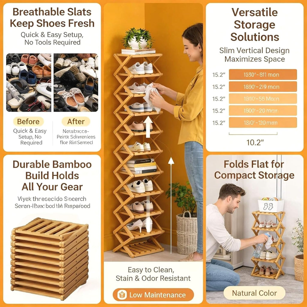9-Tier Foldable Bamboo Shoe Rack - Slim Corner Shelf Portable Organizer with Tool-Free Setup for Entryway, Closet, Bedroom, Under-Bed Storage
