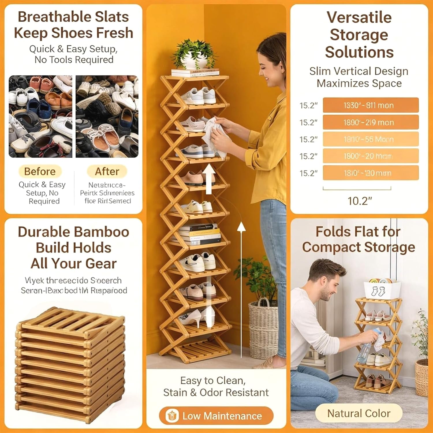 9-Tier Foldable Bamboo Shoe Rack - Slim Corner Shelf Portable Organizer with Tool-Free Setup for Entryway, Closet, Bedroom, Under-Bed Storage