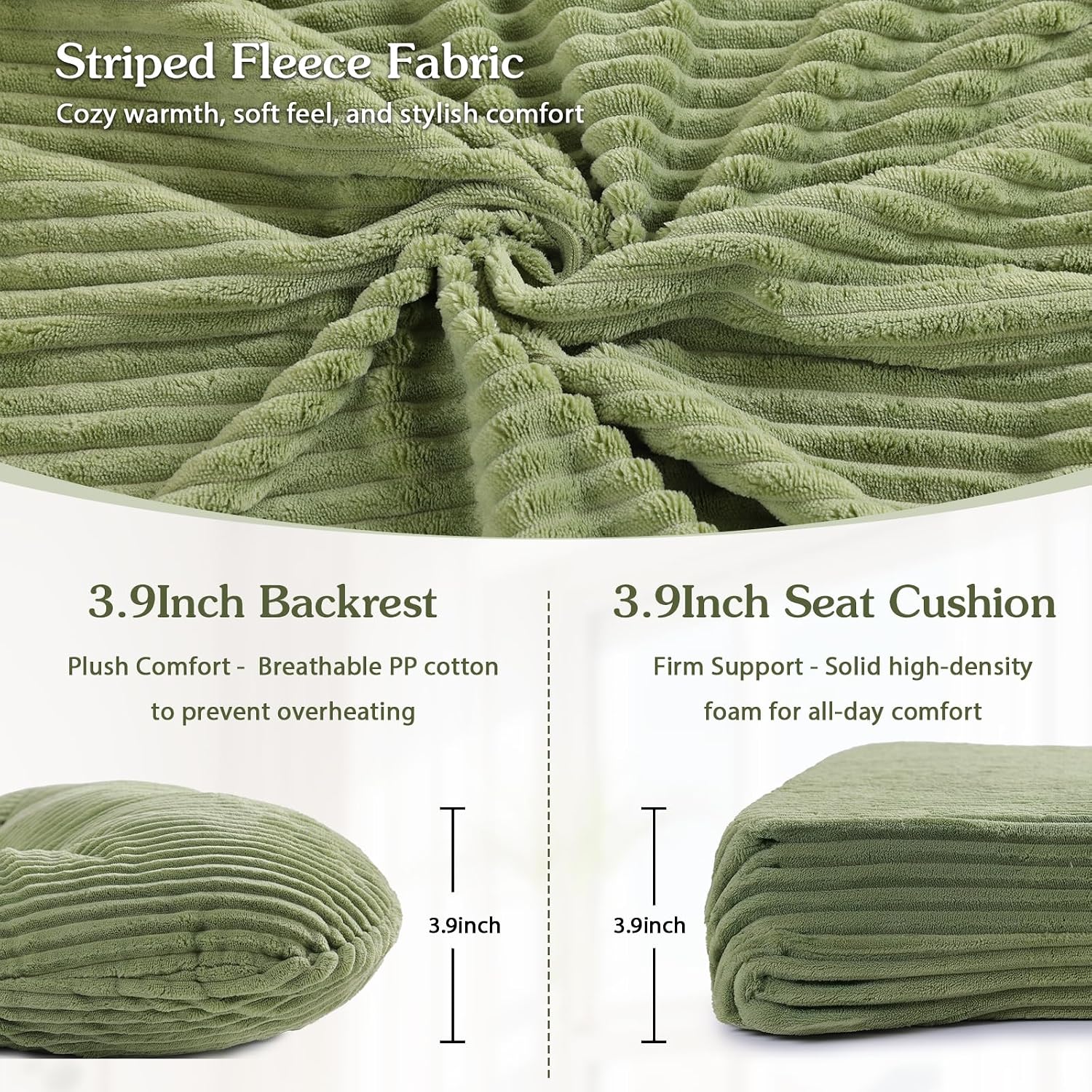 ANMINY 5pcs Glider Rocker Replacement Cushions Set - Thickened Fleece Glider Rocking Chair Cushions with 29.5 inch High Backrest & Side Pockets for Indoor Nursery, Washable & Non Slip, Green